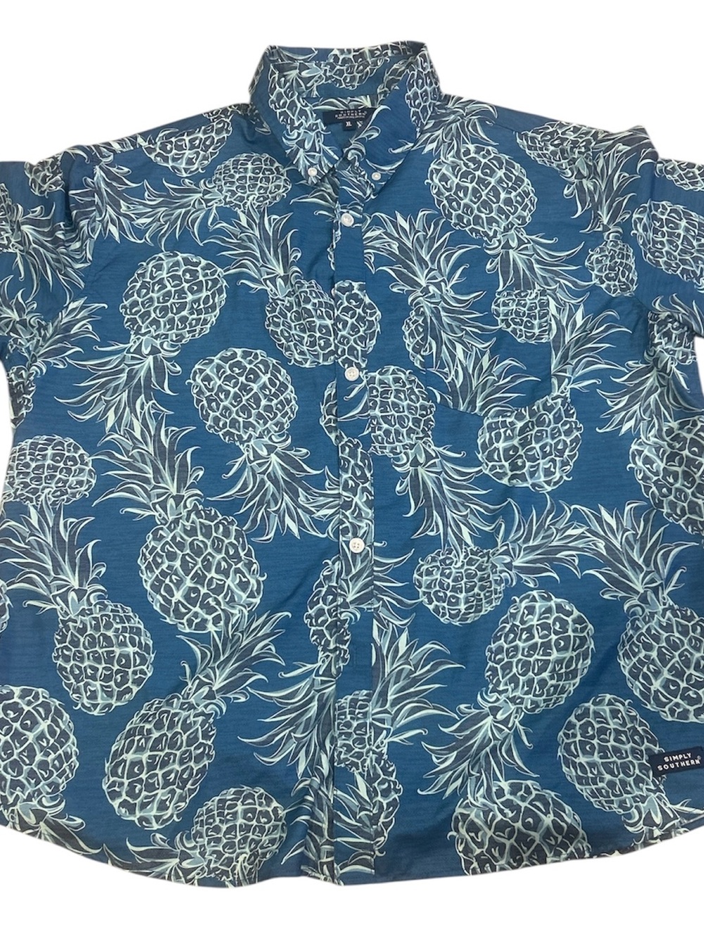 Simply Southern Men's XL Pineapple Pucker Shirt Blue Hawaiian Tropical Beachy